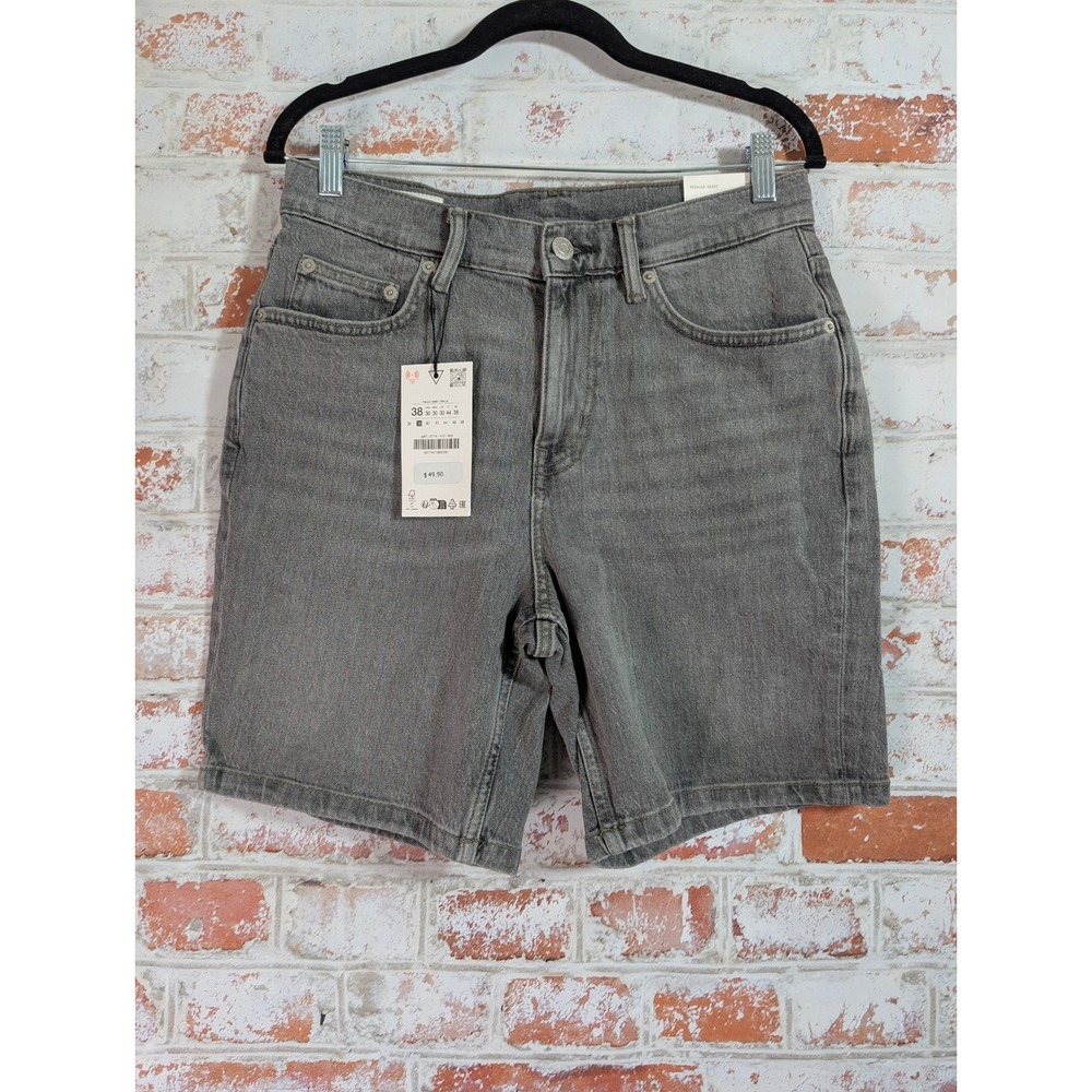 Zara Regular Short Denim Shorts Women Size 30 Grey Mid Waist Straight Leg